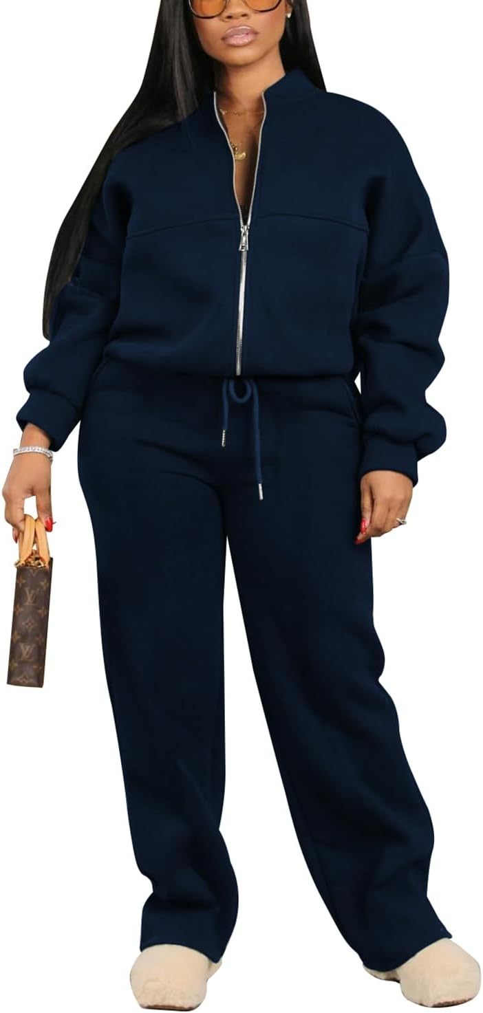 PINSV Women's 2 Piece Outfits Sweatsuits Full Zip Sweatshirts Wide Leg Sweatpant Set Tracksuit
