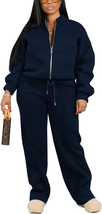 PINSV Women's 2 Piece Outfits Sweatsuits Full Zip Sweatshirts Wide Leg Sweatpant Set Tracksuit