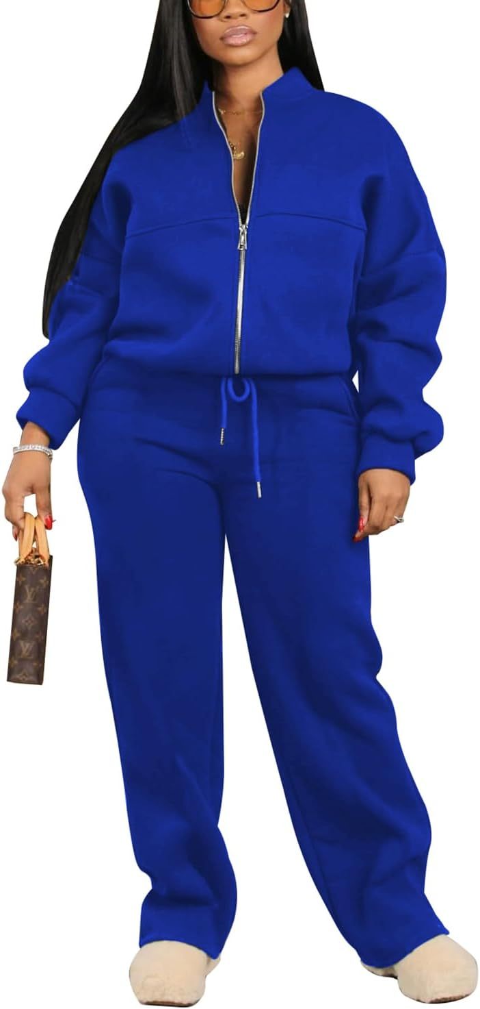 PINSV Women's 2 Piece Outfits Sweatsuits Full Zip Sweatshirts Wide Leg