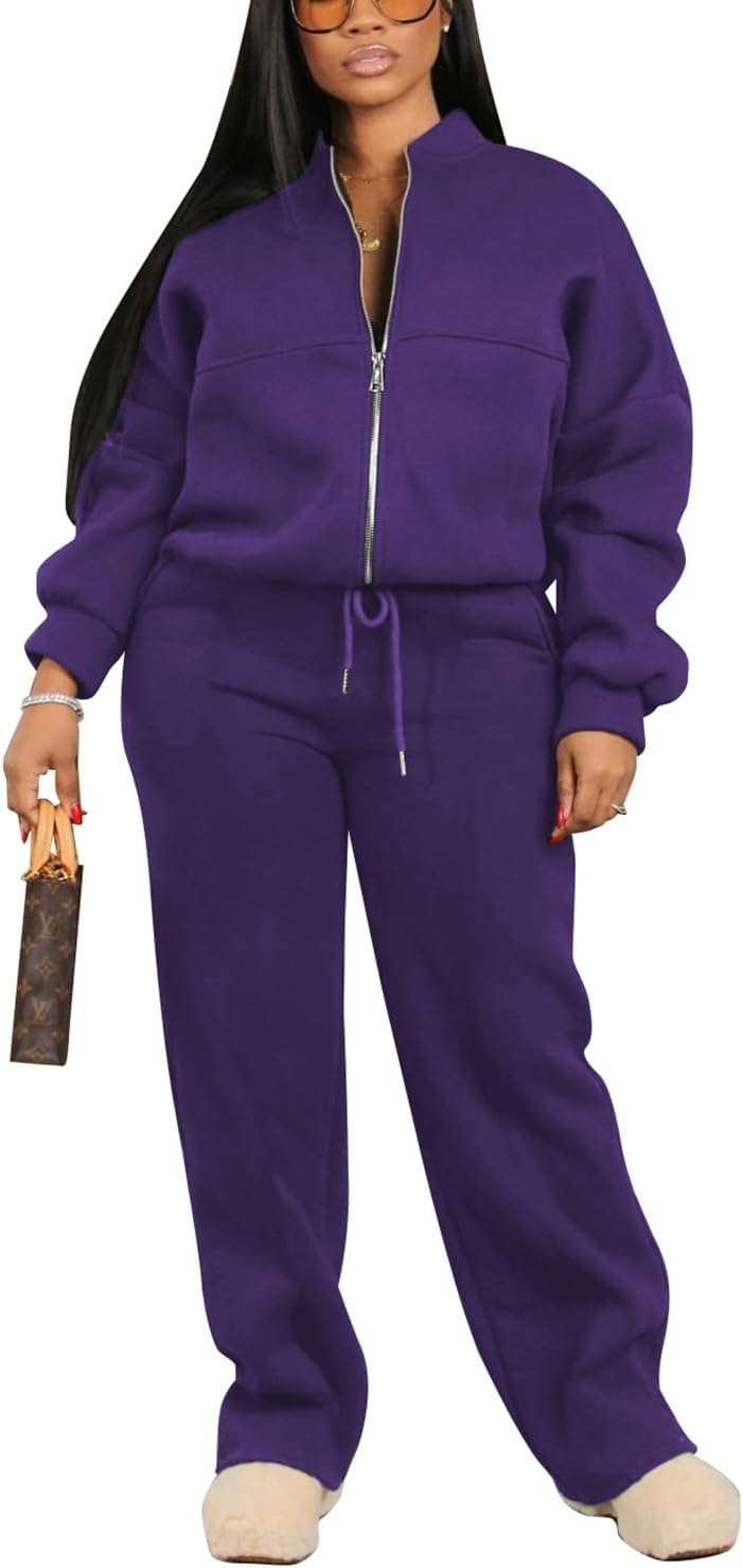 PINSV Women's 2 Piece Outfits Sweatsuits Full Zip Sweatshirts Wide Leg Sweatpant Set Tracksuit
