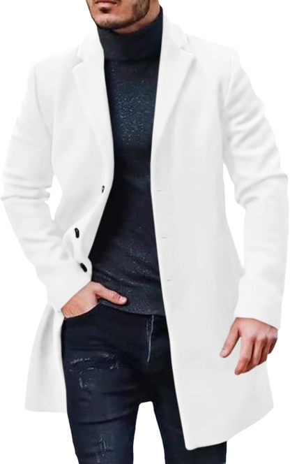 Mens Trench Coat Slim Fit Notched Collar Fall Winter Single Breasted Pea Coat Warm Soft Overcoat