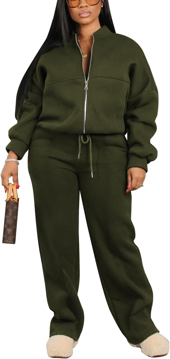 PINSV Women's 2 Piece Outfits Sweatsuits Full Zip Sweatshirts Wide Leg Sweatpant Set Tracksuit