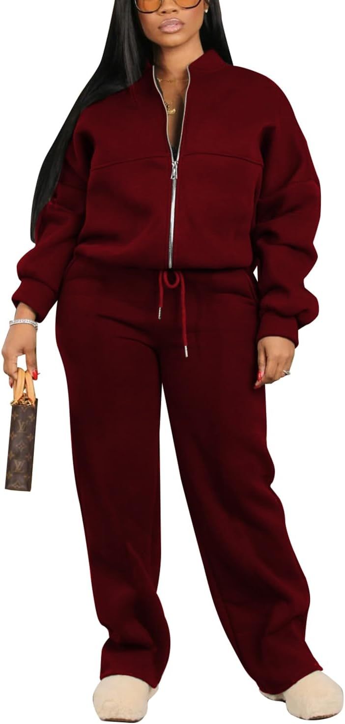 PINSV Women's 2 Piece Outfits Sweatsuits Full Zip Sweatshirts Wide Leg Sweatpant Set Tracksuit