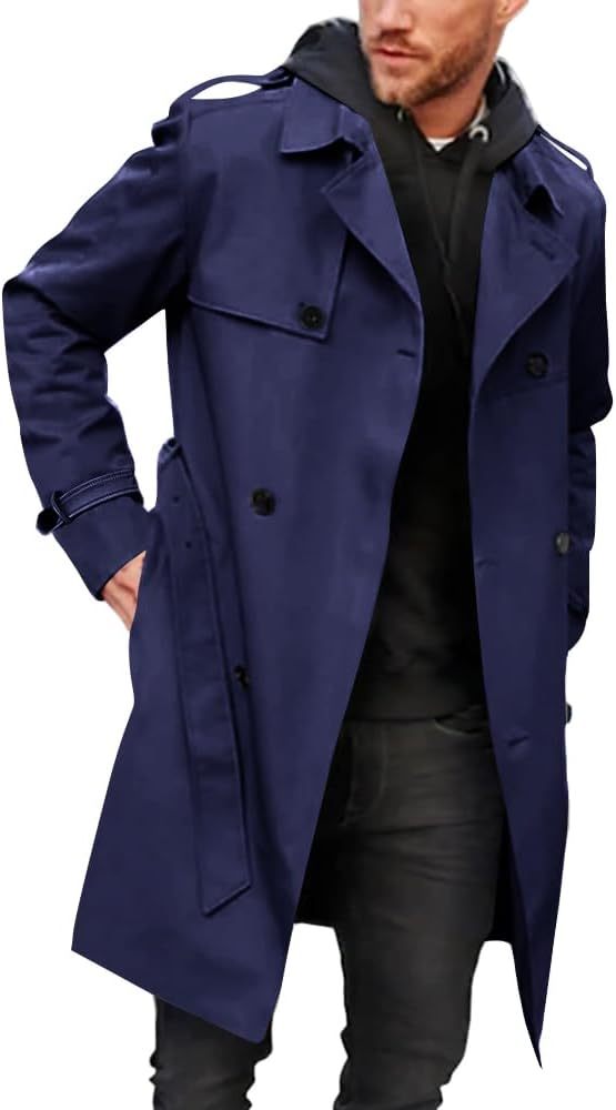 Gafeng Men's Trench Coat Slim fit Double Breasted Belted Windbreaker Lapel Long Jacket Casual Windproof Overcoat