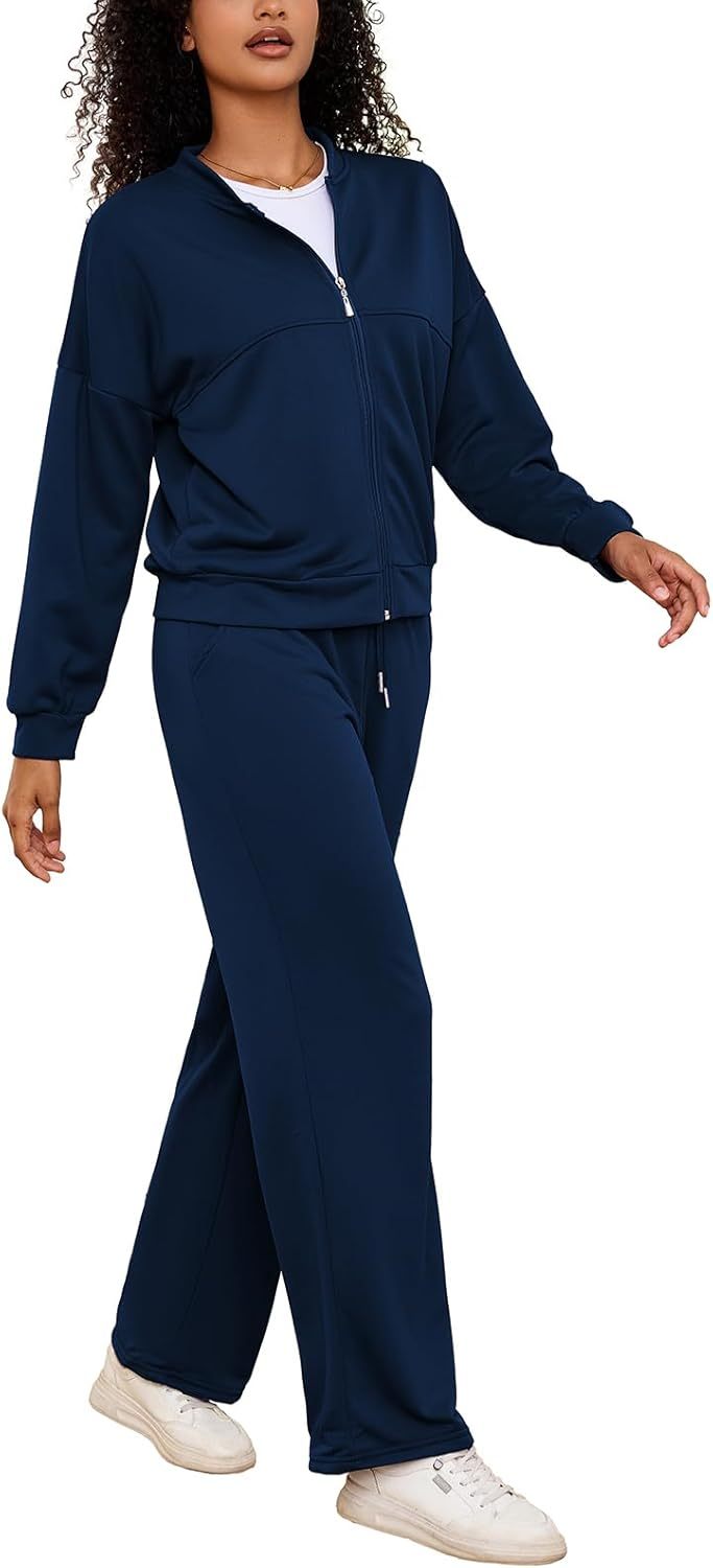 PINSV Women's 2 Piece Outfits Sweatsuits Full Zip Sweatshirts Wide Leg Sweatpant Set Tracksuit