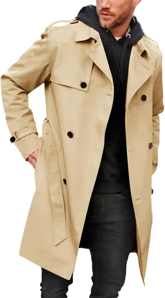Gafeng Men's Trench Coat Slim fit Double Breasted Belted Windbreaker Lapel Long Jacket Casual Windproof Overcoat
