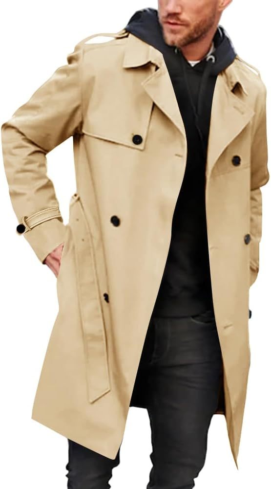 Gafeng Men's Trench Coat Slim fit Double Breasted Belted Windbreaker Lapel Long Jacket Casual Windproof Overcoat
