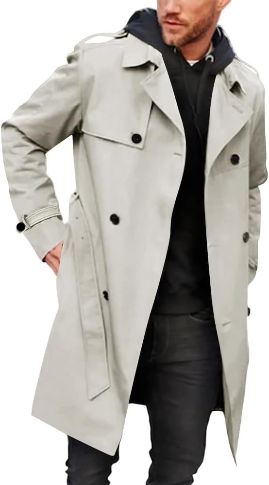 Gafeng Men's Trench Coat Slim fit Double Breasted Belted Windbreaker L