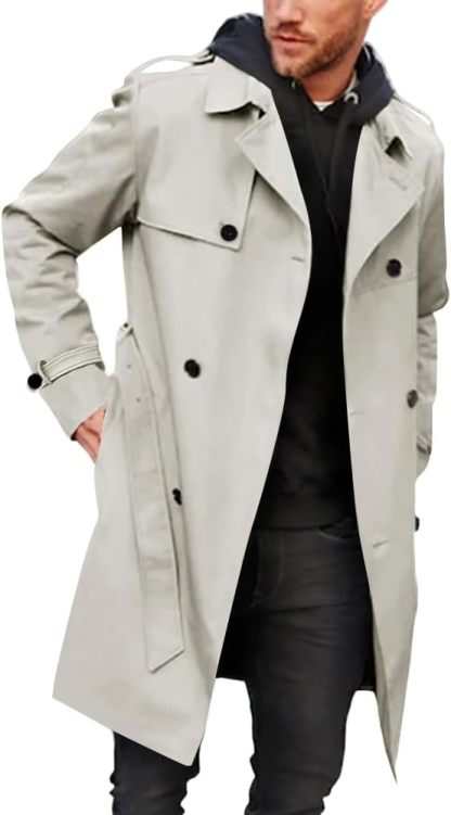 Gafeng Men's Trench Coat Slim fit Double Breasted Belted Windbreaker Lapel Long Jacket Casual Windproof Overcoat