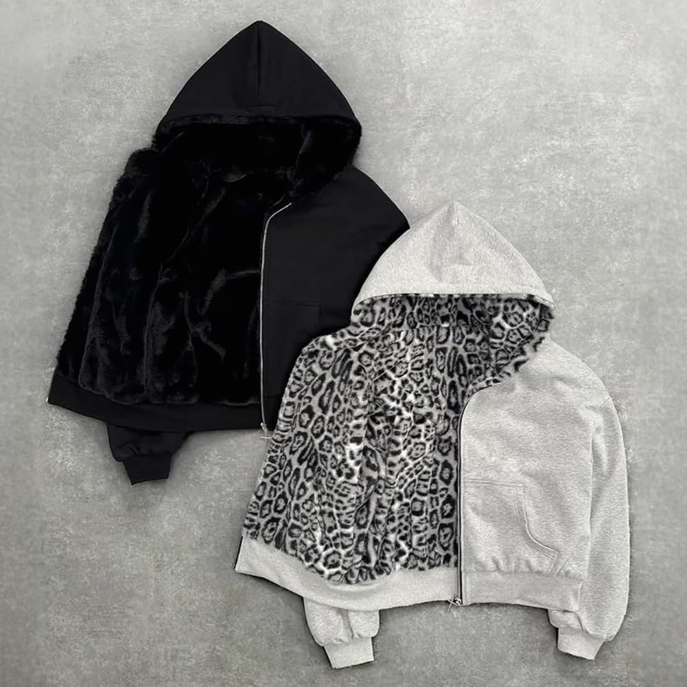 Reversible Zip up Hoodie Vintage Leopard Print Jacket  Baggy Long Sleeve Hoodie with Pocket
