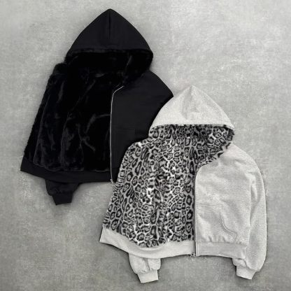 Reversible Zip up Hoodie Vintage Leopard Print Jacket  Baggy Long Sleeve Hoodie with Pocket
