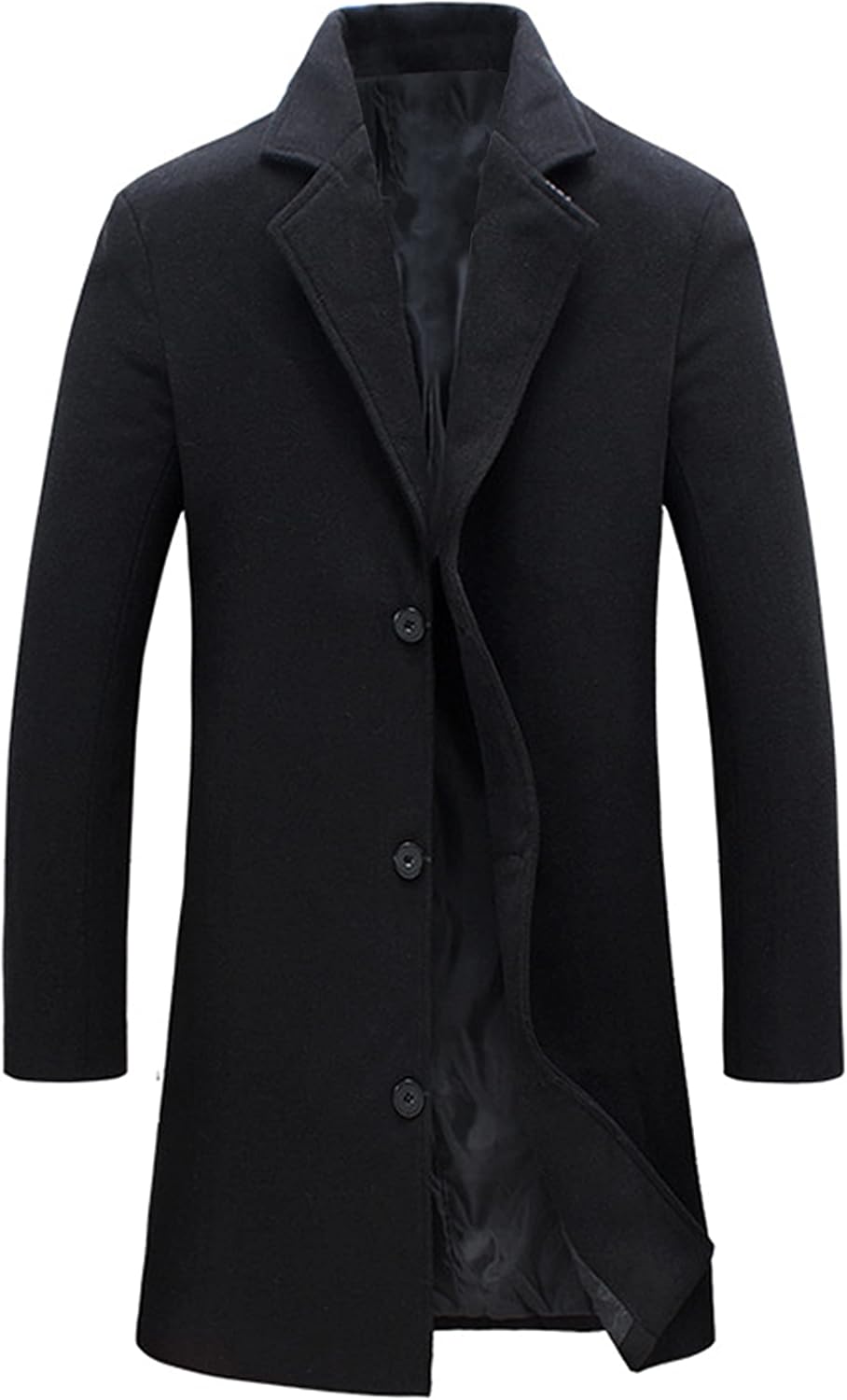 Mens Black Trench Coat Notched Lapel Single Breasted Long Peacoat Overcoat