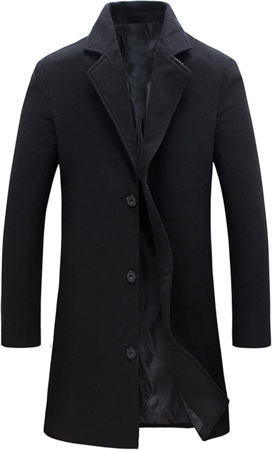 Mens Black Trench Coat Notched Lapel Single Breasted Long Peacoat Overcoat