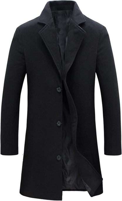 Mens Black Trench Coat Notched Lapel Single Breasted Long Peacoat Overcoat