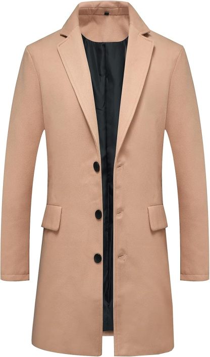 Lisskolo Men's Classic Wool Trench Overcoat Single Breasted Mid Long Wool Blend Top Pea Coats Jackets
