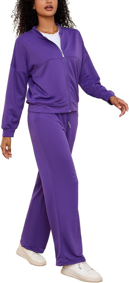 PINSV Women's 2 Piece Outfits Sweatsuits Full Zip Sweatshirts Wide Leg Sweatpant Set Tracksuit