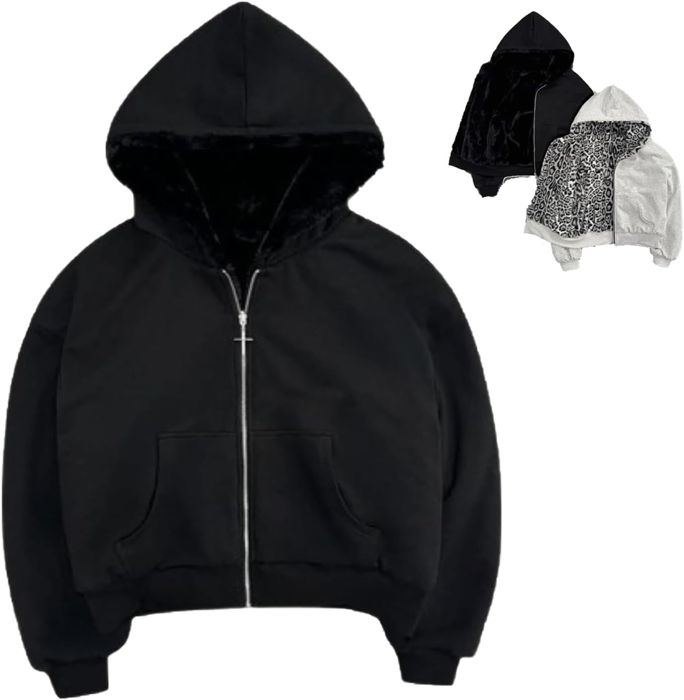 Reversible Zip up Hoodie Vintage Leopard Print Jacket Y2k Streetwear F