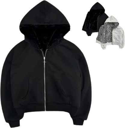Reversible Zip up Hoodie Vintage Leopard Print Jacket  Baggy Long Sleeve Hoodie with Pocket