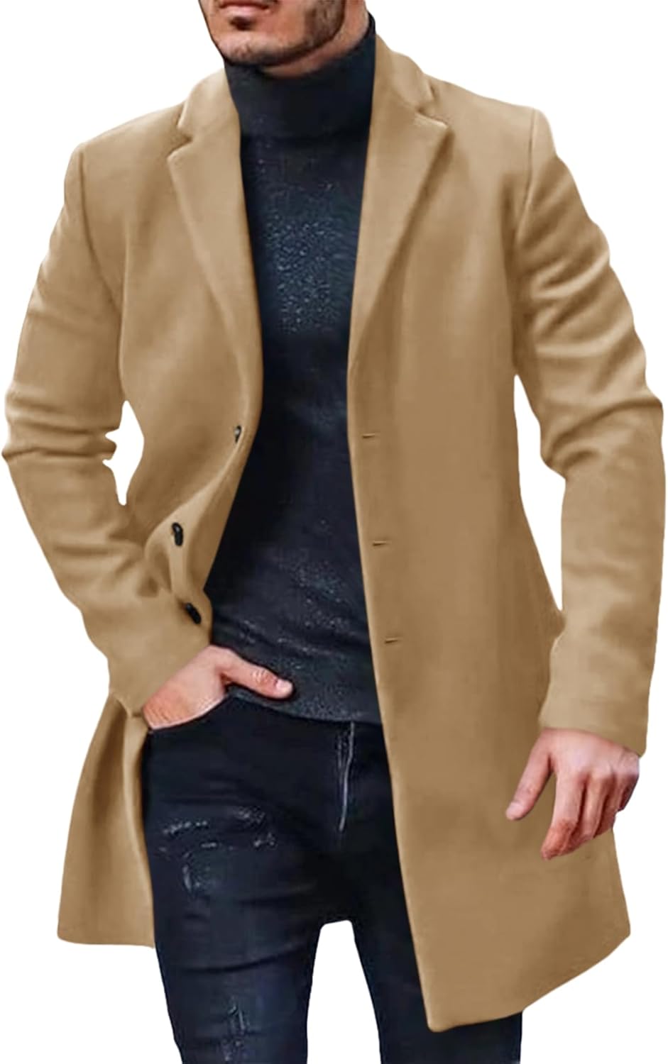Mens Trench Coat Slim Fit Notched Collar Fall Winter Single Breasted Pea Coat Warm Soft Overcoat