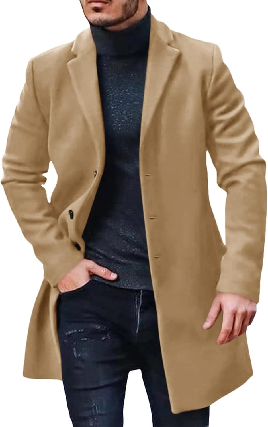 Mens Trench Coat Slim Fit Notched Collar Fall Winter Single Breasted Pea Coat Warm Soft Overcoat