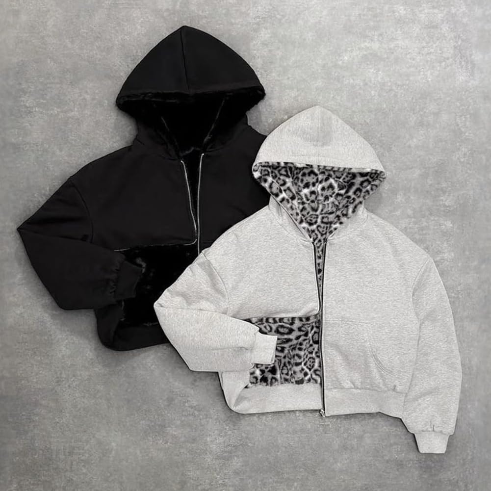 Reversible Zip up Hoodie Vintage Leopard Print Jacket  Baggy Long Sleeve Hoodie with Pocket