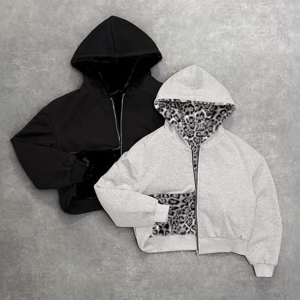 Reversible Zip up Hoodie Vintage Leopard Print Jacket  Baggy Long Sleeve Hoodie with Pocket