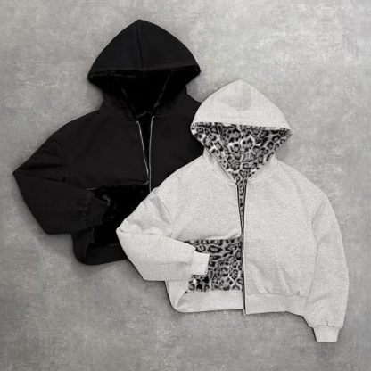 Reversible Zip up Hoodie Vintage Leopard Print Jacket  Baggy Long Sleeve Hoodie with Pocket