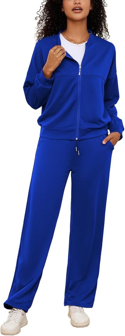 PINSV Women's 2 Piece Outfits Sweatsuits Full Zip Sweatshirts Wide Leg Sweatpant Set Tracksuit