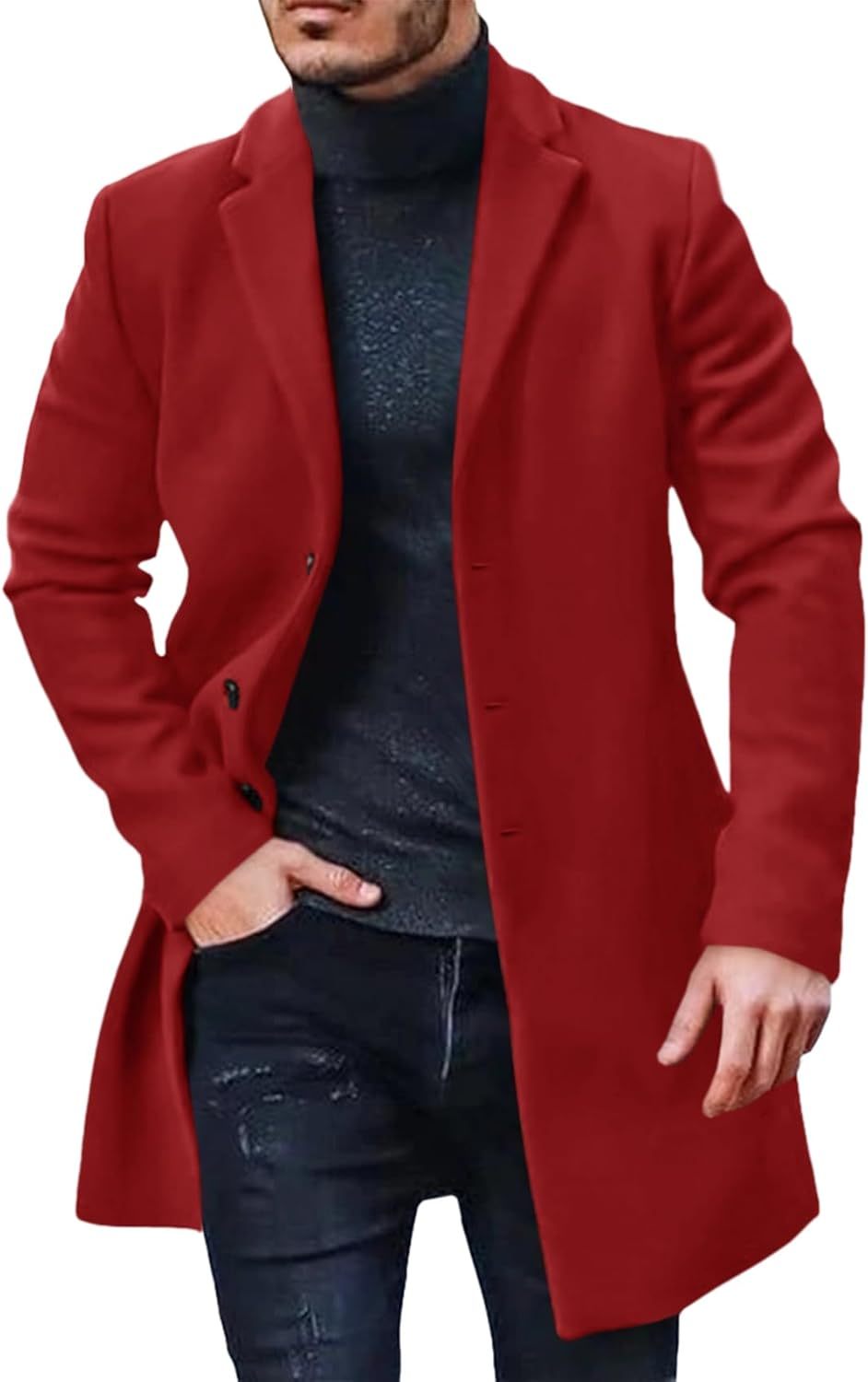 Mens Trench Coat Slim Fit Notched Collar Fall Winter Single Breasted Pea Coat Warm Soft Overcoat