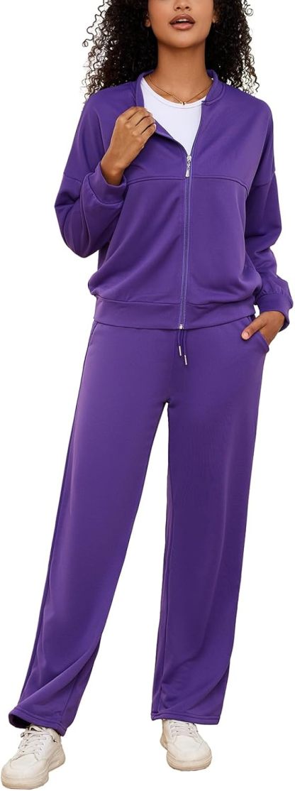 PINSV Women's 2 Piece Outfits Sweatsuits Full Zip Sweatshirts Wide Leg Sweatpant Set Tracksuit