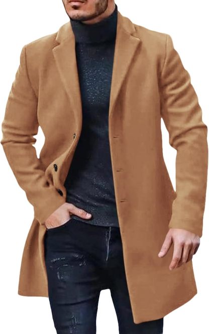 Mens Trench Coat Slim Fit Notched Collar Fall Winter Single Breasted Pea Coat Warm Soft Overcoat