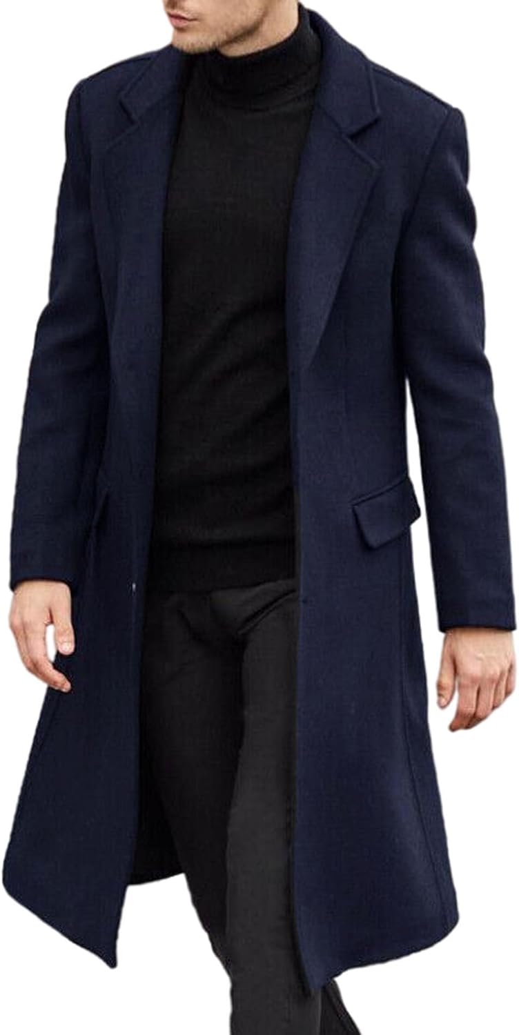 SOMTHRON Men's Casual Trench Coat Slim Fit Notched Collar Long Jacket Overcoat Single Breasted Pea Coat wih Pockets