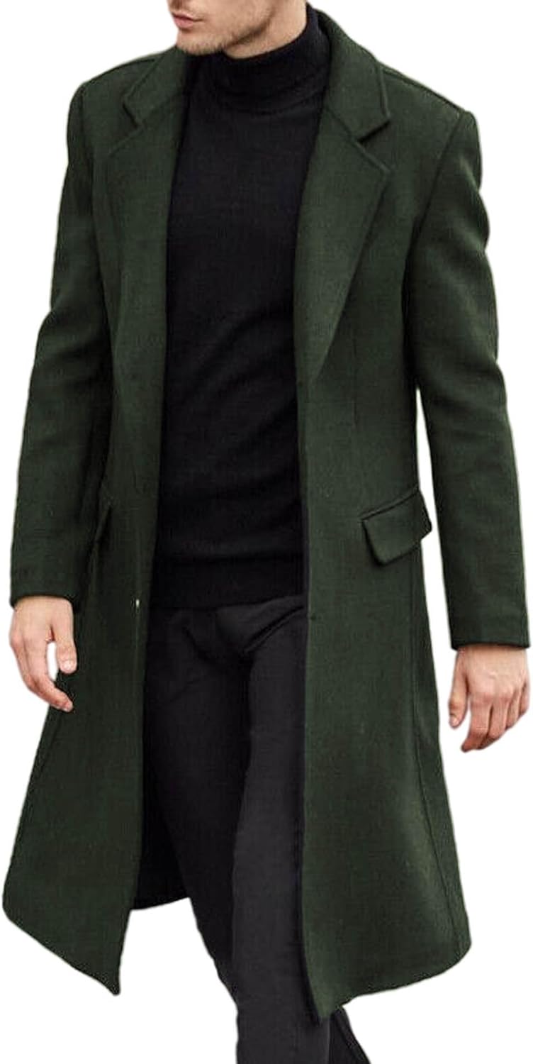 SOMTHRON Men's Casual Trench Coat Slim Fit Notched Collar Long Jacket Overcoat Single Breasted Pea Coat wih Pockets