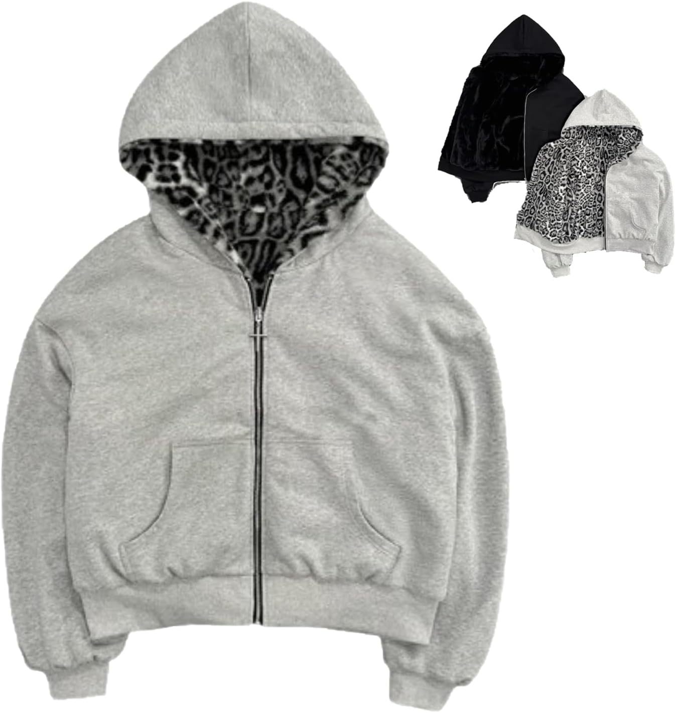 Reversible Zip up Hoodie Vintage Leopard Print Jacket  Baggy Long Sleeve Hoodie with Pocket
