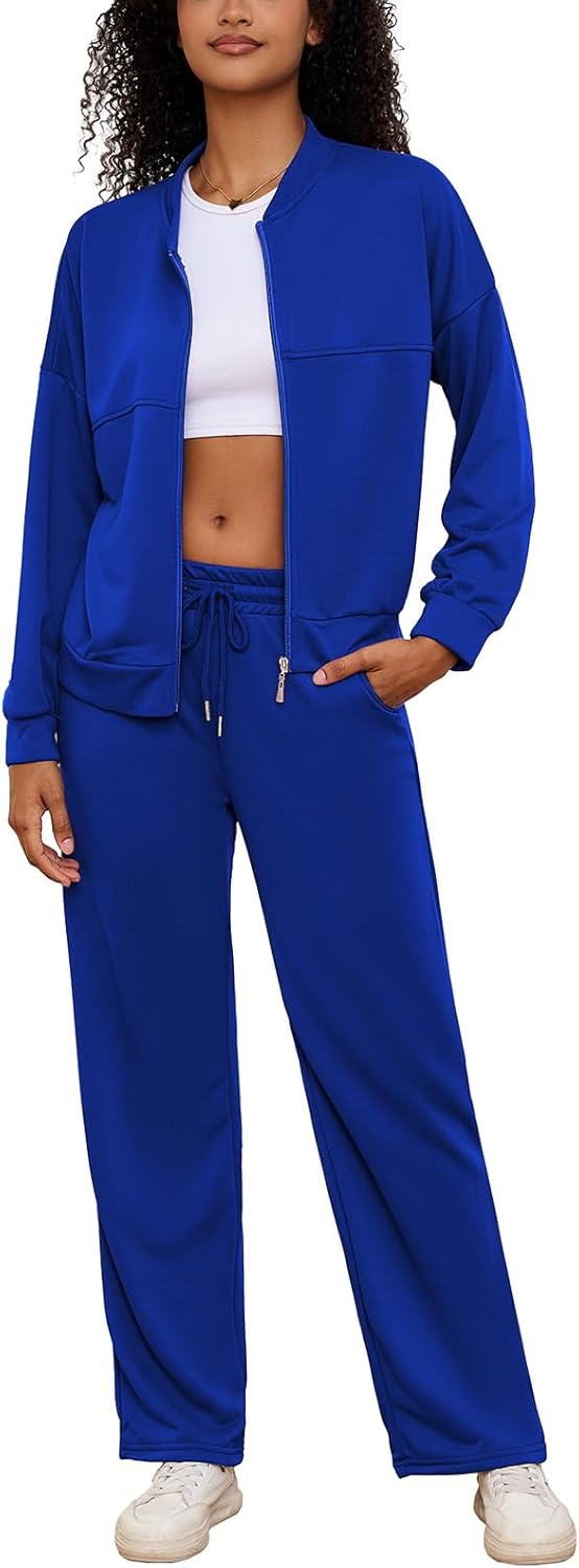 PINSV Women's 2 Piece Outfits Sweatsuits Full Zip Sweatshirts Wide Leg Sweatpant Set Tracksuit