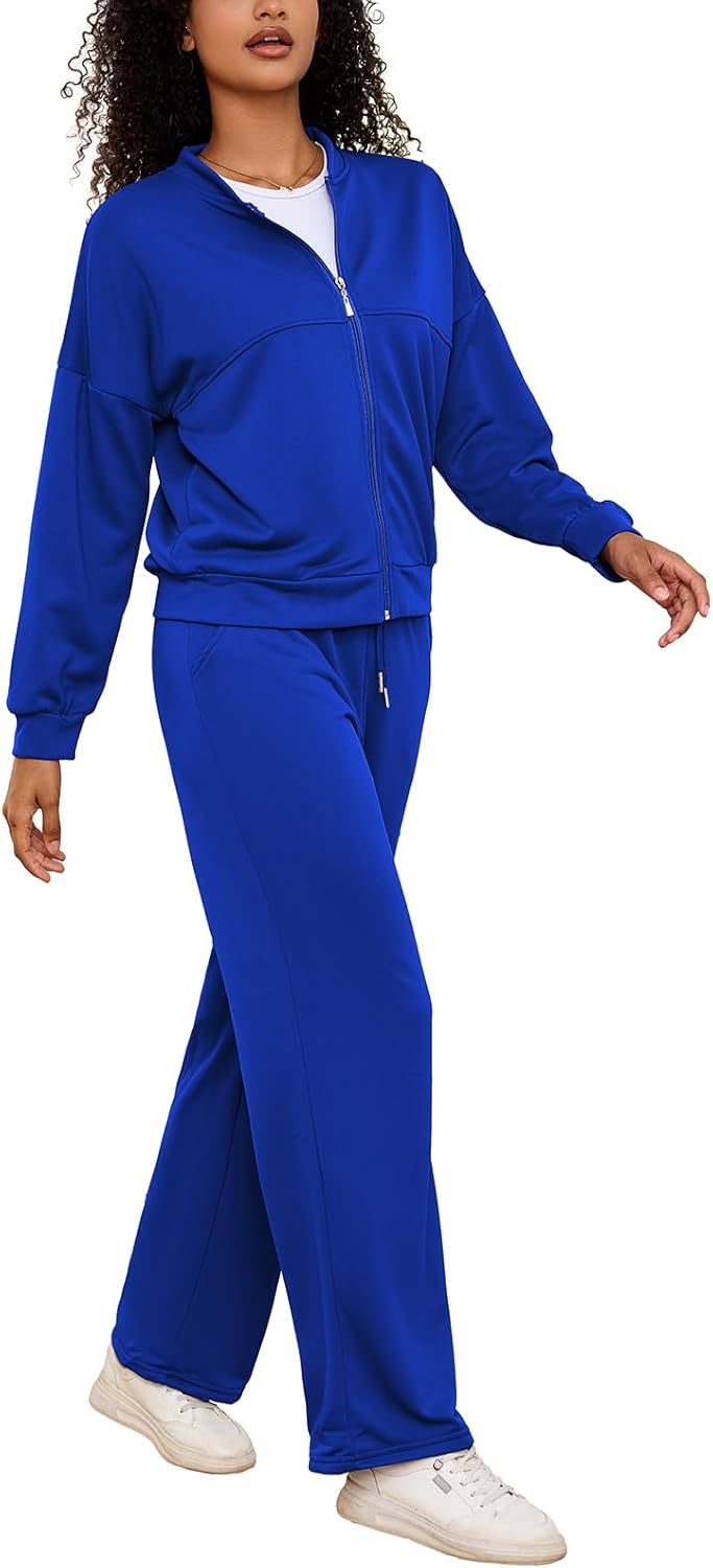 PINSV Women's 2 Piece Outfits Sweatsuits Full Zip Sweatshirts Wide Leg Sweatpant Set Tracksuit