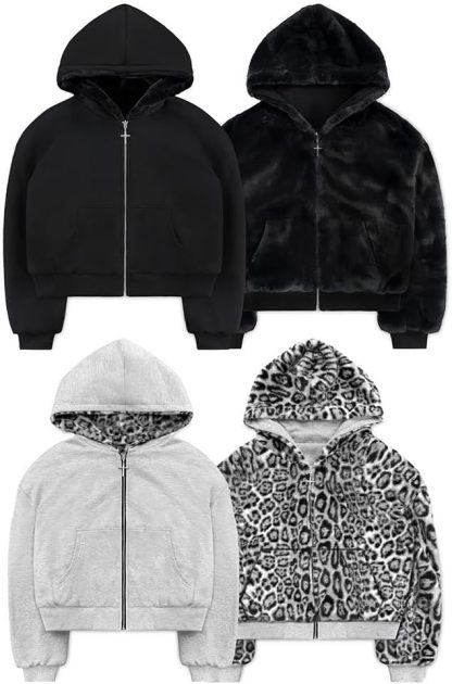 Reversible Zip up Hoodie Vintage Leopard Print Jacket  Baggy Long Sleeve Hoodie with Pocket
