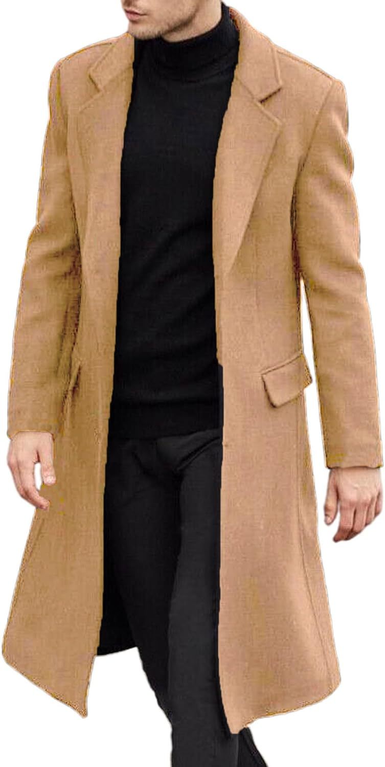 SOMTHRON Men's Casual Trench Coat Slim Fit Notched Collar Long Jacket 