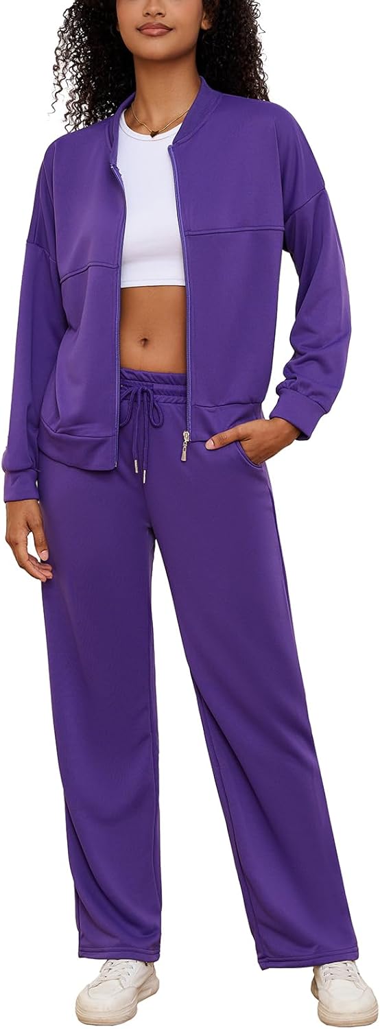 PINSV Women's 2 Piece Outfits Sweatsuits Full Zip Sweatshirts Wide Leg Sweatpant Set Tracksuit