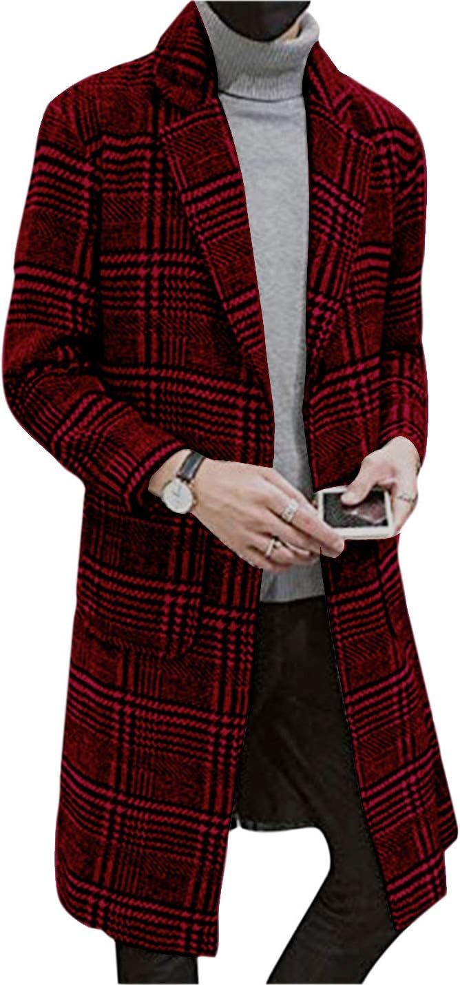 Uaneo Mens Winter Trench Coat Notched Collar Single Breasted Plaid Mid Long Peacoat Overcoats with Pockets