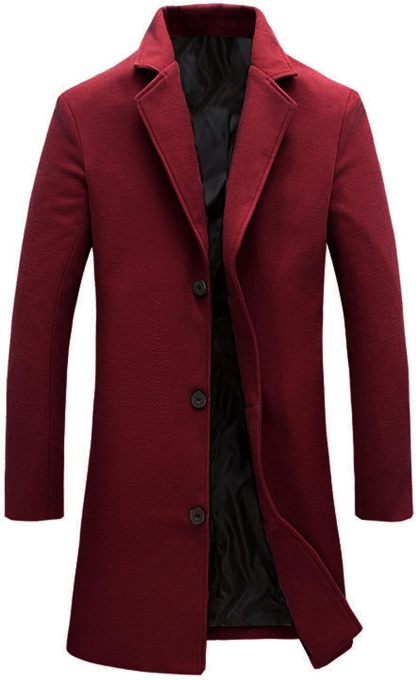 Mens Black Trench Coat Notched Lapel Single Breasted Long Peacoat Overcoat