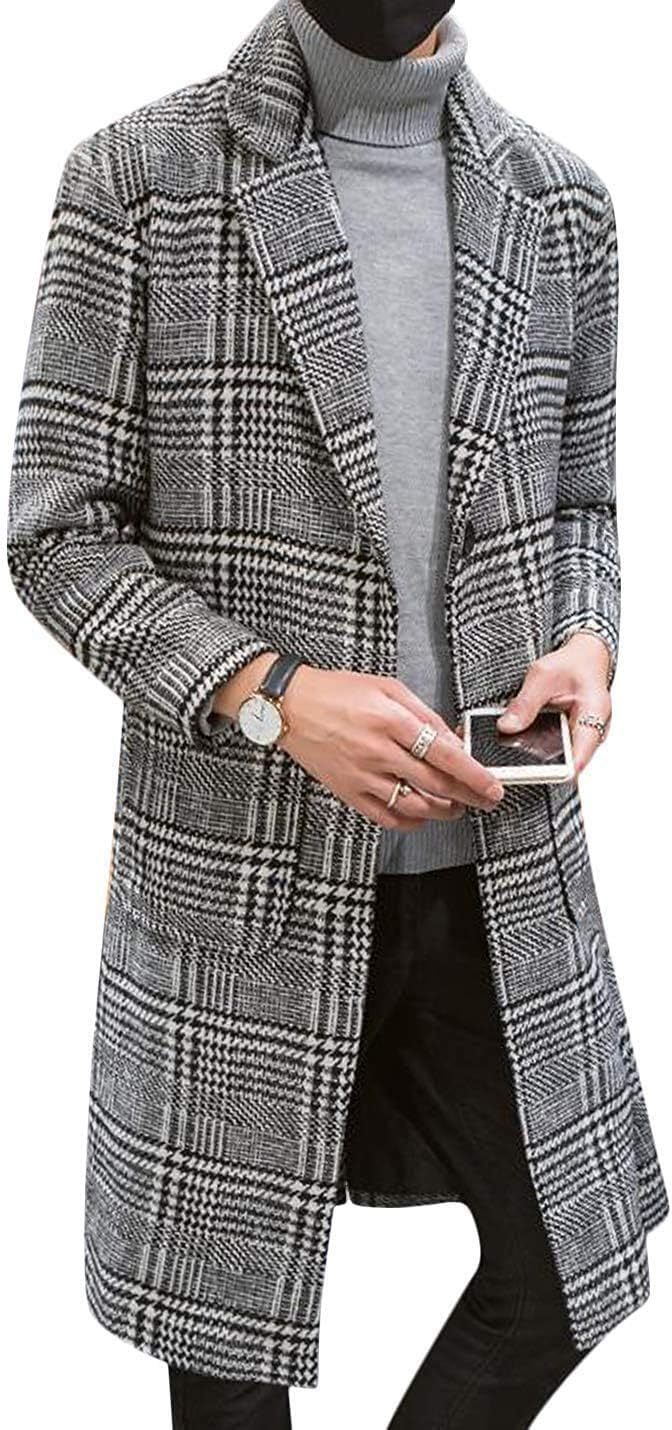 Uaneo Mens Winter Trench Coat Notched Collar Single Breasted Plaid Mid Long Peacoat Overcoats with Pockets