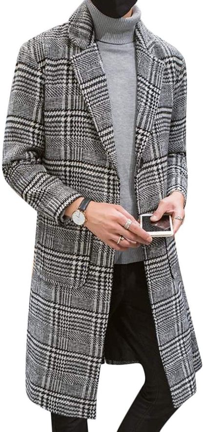 Uaneo Mens Winter Trench Coat Notched Collar Single Breasted Plaid Mid Long Peacoat Overcoats with Pockets
