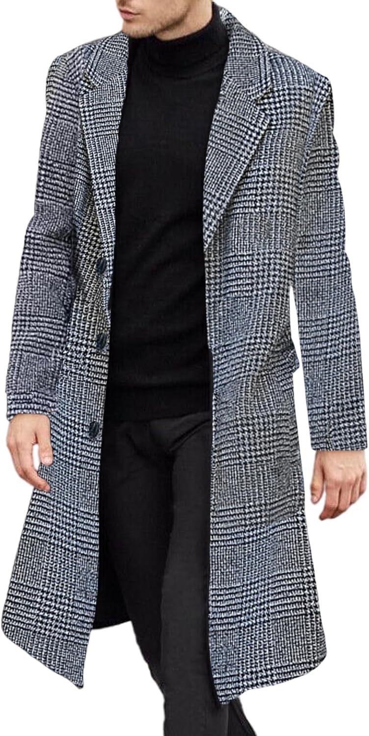 SOMTHRON Men's Casual Trench Coat Slim Fit Notched Collar Long Jacket Overcoat Single Breasted Pea Coat wih Pockets