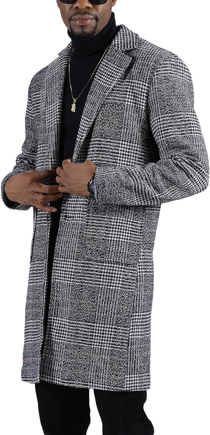 Uaneo Mens Winter Trench Coat Notched Collar Single Breasted Plaid Mid Long Peacoat Overcoats with Pockets
