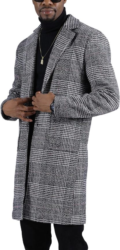 Uaneo Mens Winter Trench Coat Notched Collar Single Breasted Plaid Mid Long Peacoat Overcoats with Pockets
