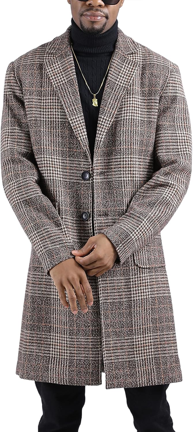 Uaneo Mens Winter Trench Coat Notched Collar Single Breasted Plaid Mid Long Peacoat Overcoats with Pockets