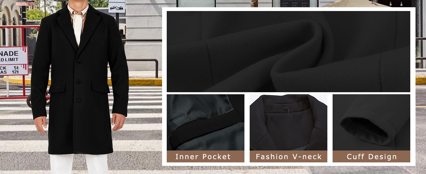 Men's Classic Wool Trench Overcoat Single Breasted Mid Long Wool Blend Top Pea Coats Jackets