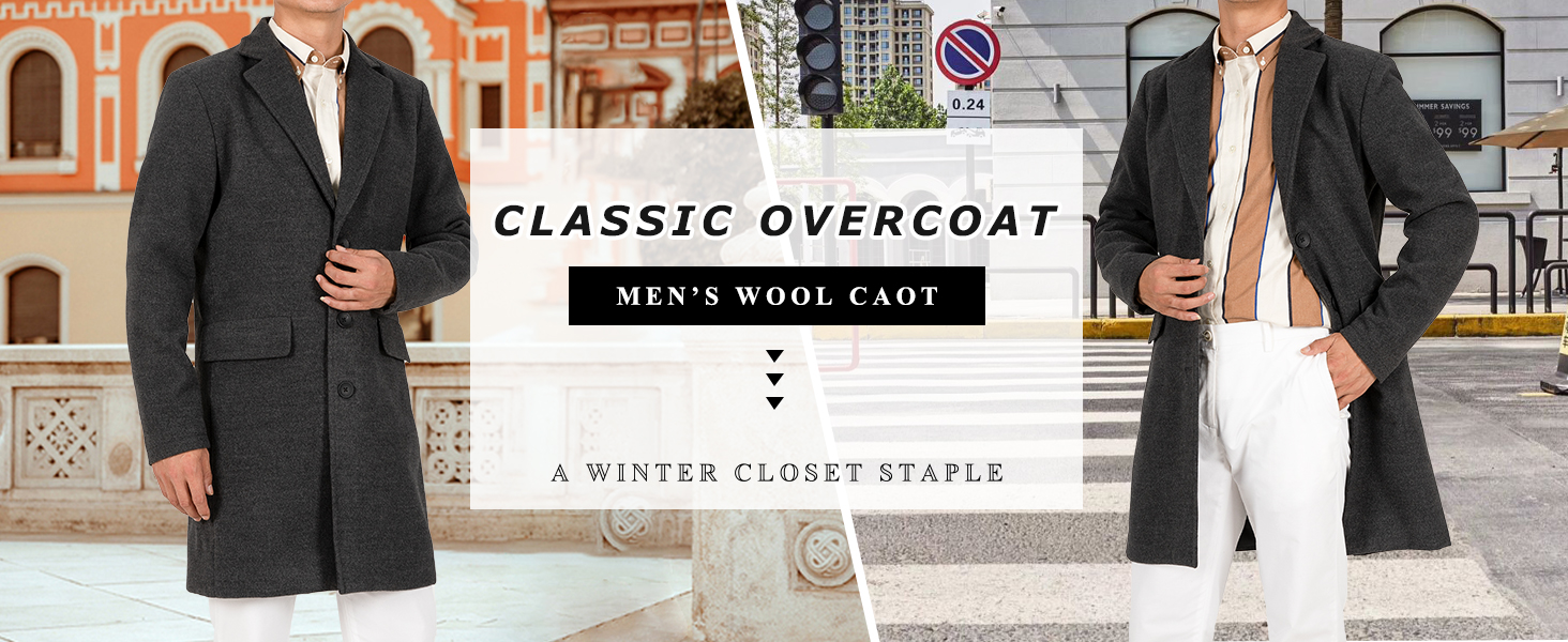 Men's Classic Wool Trench Overcoat Single Breasted Mid Long Wool Blend Top Pea Coats Jackets
