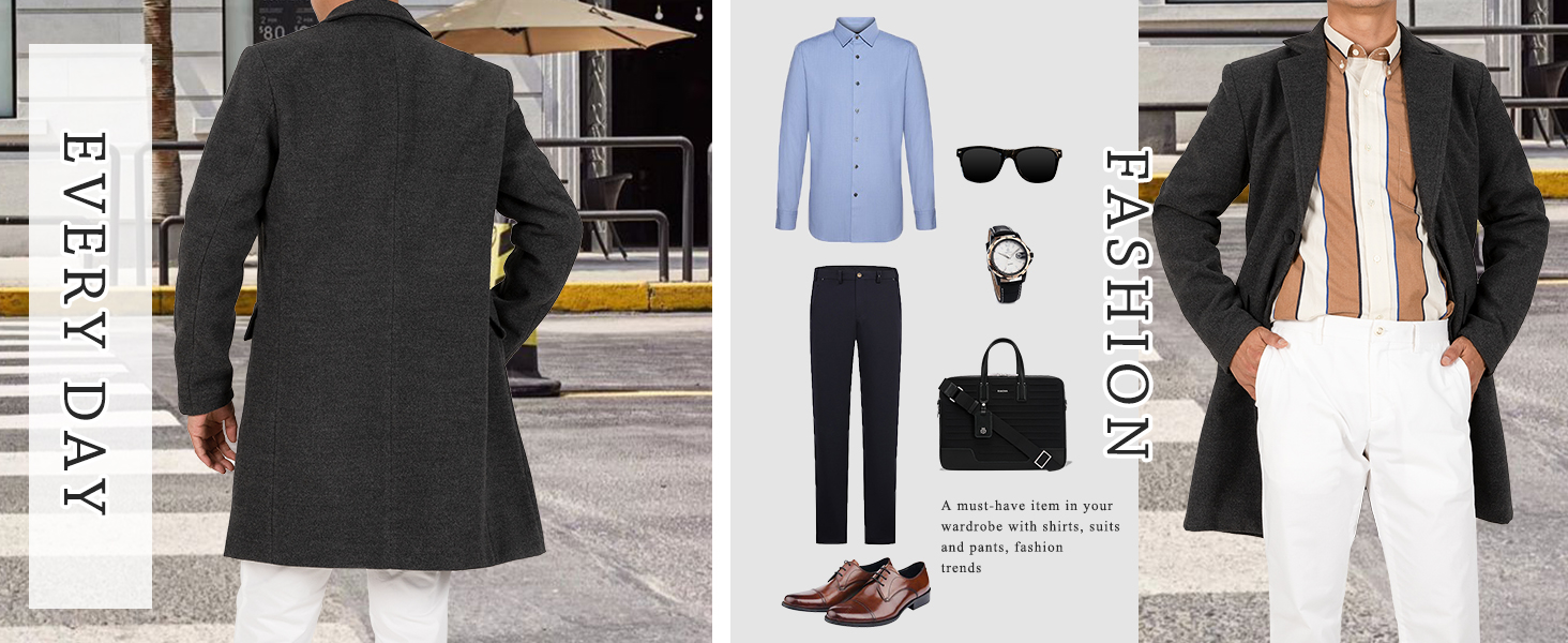 Men's Classic Wool Trench Overcoat Single Breasted Mid Long Wool Blend Top Pea Coats Jackets